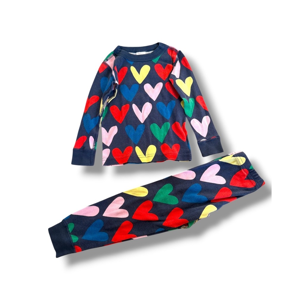 Hanna Andersson Happy Hearts Pajama Set Toddler 3T Navy Rainbow Long John PJs